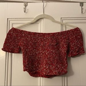 Red Jaase Scrunchy Off Shoulder Short Sleeve Floral Crop Top | Medium